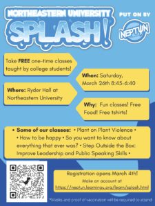 March 26th – SPLASH for High School students – free workshops at Northeastern University